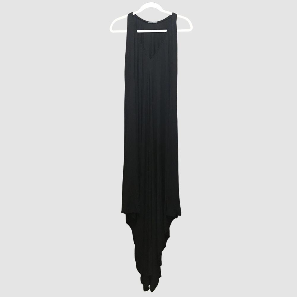 riller & fount sleeveless black vneck soft jersey asymmetrical caftan maxi dress